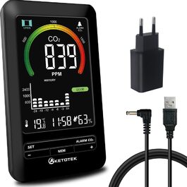 Вимірювач CO2 KETOTEK, монітор якості повітря з датчиком та рекомендаціями, вимірювання температури та вологості