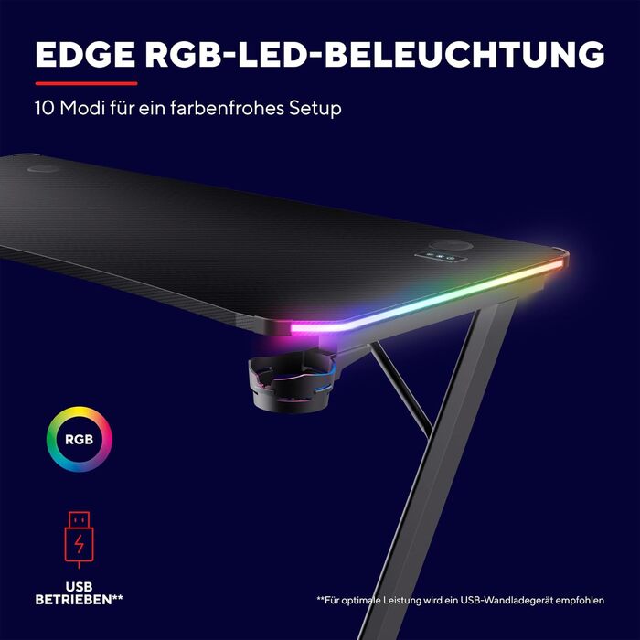 Ігровий стіл Trust Gaming GXT 709W Luminus RGB з підсвічуванням LED, 10 режимів, USB, білий, з підставкою для навушників та тримачем для напоїв, 120 x 60 см