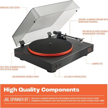 Вініловий програвач JBL Spinner BT з Bluetooth та aptX HD, чорний/помаранчевий, преміум-якість