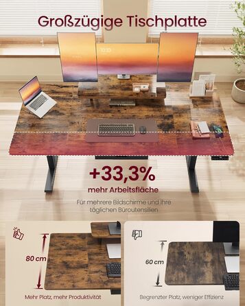 Стол для роботи VASAGLE з регулюванням висоти, 160 x 80 см, з підставкою для монітора, шухлядою та USB-C, нагадування про рух, для офісу, вінтажний коричневий