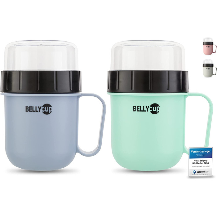 Чашка для пластівців BELLYCUP-м'ятна, сіра , рожева або - в одній або двох упаковках - ваша зручна кружка для пластівців на ходу - Каша з йогурту, салат, супи, каша без бісфенолу А (М'ятний / синій подвійний пакет)
