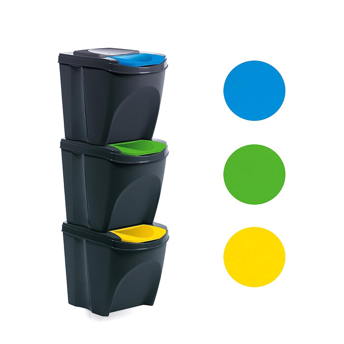 Набір систем для відділення сміття BigDean, 3 відділення, відро для сміття, відро для сміття, що штабелюється, пластикове, з кришкою, 75 л, 3 х 25 л (антрацит)