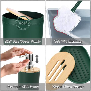 Набір аксесуарів для ванної кімнати iMucci: сміттєвий бак, щітка для унітазу, тримач для зубних щіток, диспенсер для лосьйону/мила, мильниця, стакан для зубних щіток, тримач для ватних паличок (з бамбукової обтяжки), пастельно-зелений, 9 предметів (темно-