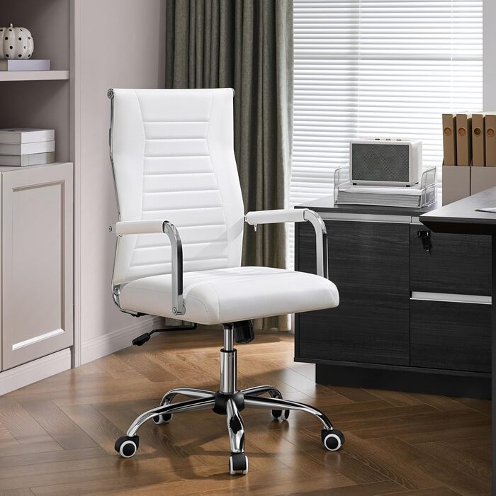 Офісне крісло Yaheetech з підлокітниками, офісний стіл, крісло для начальника, комп'ютерне крісло з високою спинкою, робоче крісло з функцією гойдання, біле, до 136 кг