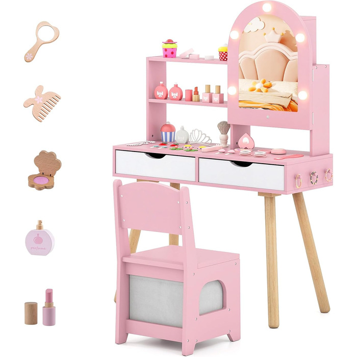 Дитячий туалетний столик DREAMADE 2 в 1 з кріслом, LED-дзеркало, шафка та ящики, для дітей від 3 років (Рожевий)