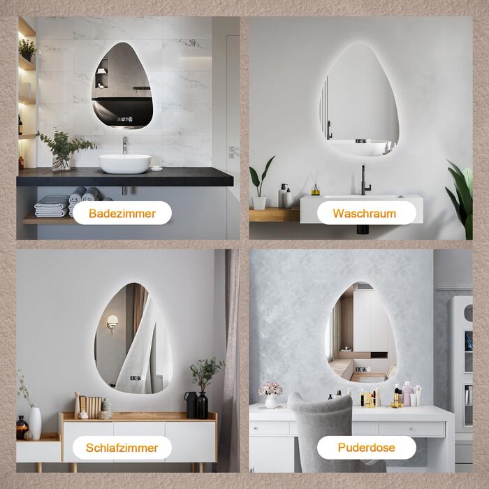 Дзеркало для ванної кімнати з підсвічуванням та годинником 50x70 см, LED, сенсорне керування, 3 кольори світла, диммування, 2470LM, стиль Jy01