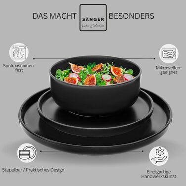 Набір посуду SÄNGER Madeira на 6 осіб, 30 предметів: тарілки, чашки, салатники, чорний керамічний посуд для мікрохвильовки та посудомийної машини | VALUE COLLECTION