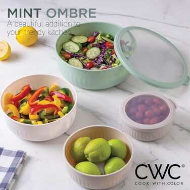 Набір мисок COOK WITH COLOR 12 шт. з кришкою, блакитно-зелений, широкі та глибокі, з можливістю складання, пластик