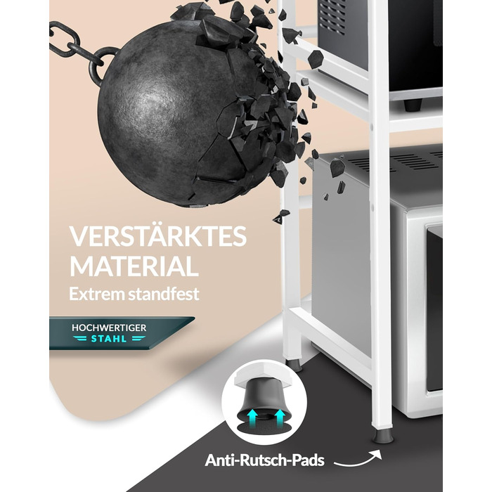 Поличка для мікрохвильової печі, кухонна поличка, сталева | 3-ярусна, регульована висота та довжина, з гачками, інструкція у відеоформаті (Білий)