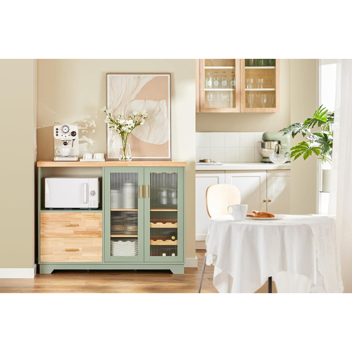 Буфет-комод SoBuy з скляними дверцятами, шухлядами та робочою поверхнею 120 см, нішею для мікрохвильової печі та полицею для вина. Кухняні меблі для вітальні та їдальні. Колір: зелений, розмір: 120x90x40 см