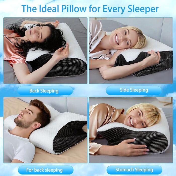 Ортопедична подушка для шиї Tbintul з Memory Foam, ергономічна подушка для сну, для тих, хто спить на боці, спині та животі, чорний/білий