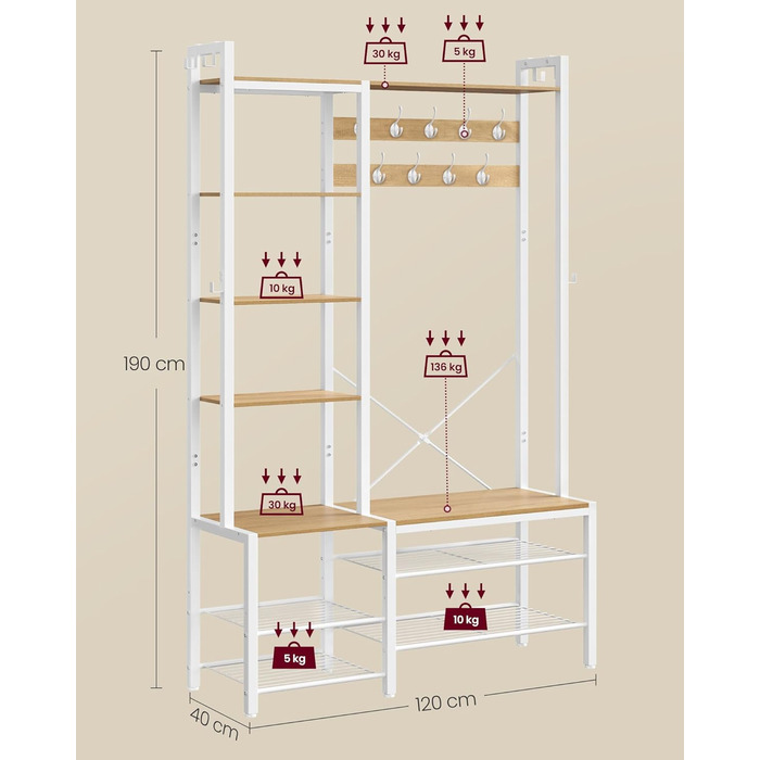 Вільна стійка для одягу VASAGLE з полицею для взуття, 5 поличок, 9 тричі гачки, 6 бічних гачків, 40 x 120 x 190 см, вінтажний колір, HSR426B01