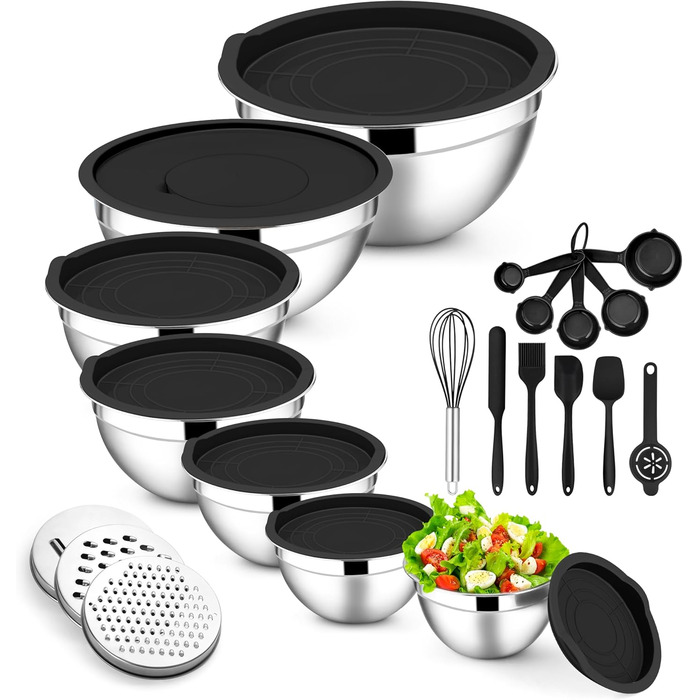 Набір місок для перемішування E-far (21 шт.) з кришками, нержавіюча сталь, насадки-тертки, об'єм 7, 4.6, 3.5, 2.6, 2, 1.5, 1QT, вкладна конструкція, кольорові герметичні кришки, для випічки/приготування їжі (18, чорний)