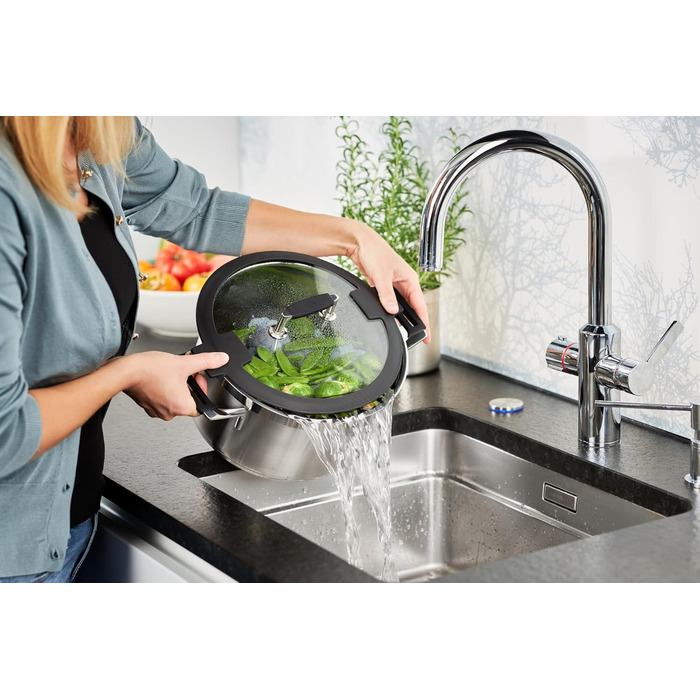 Набір каструль Rösele Silence Pro 5 предметів: універсальний набір з 3 каструль, 1 казанок та 1 сотейник, нержавіюча сталь 18/10, скляні кришки, внутрішня шкала, підходить для індукційних плит та мийки посуду