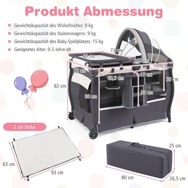 Дитяче туристичне ліжко COSTWAY 5 в 1 з матрацом, функція ліжечка-гойдалки, з регульованим козирком, пеленальний столик, музична іграшка та сумка для перенесення, до 15 кг (квітковий принт)