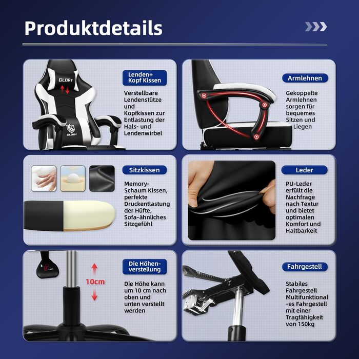 Ігровий крісло, ергономічний офісний стілець з телескопічною підніжкою, підголівник та підтримка попереку, регульований та поворотний, 150 кг, білий