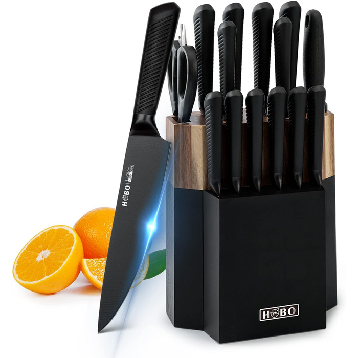 Набір кухонних ножів HOBO 15 предметів з дерев'яним блоком, професійний набір з нержавіючої сталі