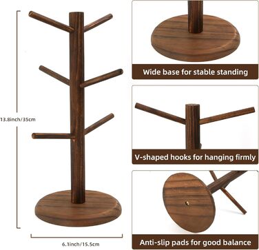Тримач для кавової кружки FOSFUKEER, бамбукова кружка з товстим дном, 6 гачків, колір дерева