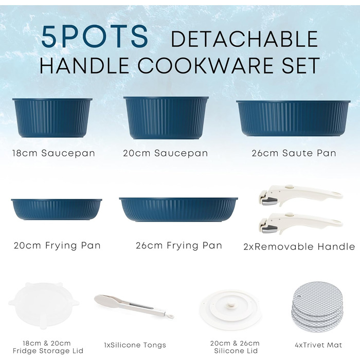 Набір каструль та сковорідок RIOVARM з індукційним дном та знімними ручками, з антипригарним покриттям (граніт), компактний, з силіконовими кришками, без PFOA