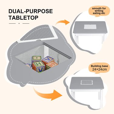 Дитячий столик WOLTU з 2 стільцями, дитяча група сидіння з місцем для зберігання, група сидіння для дитячої кімнати, ігровий столик з двосторонньою платформою, сумісний з великими кубиками, білий/сірий