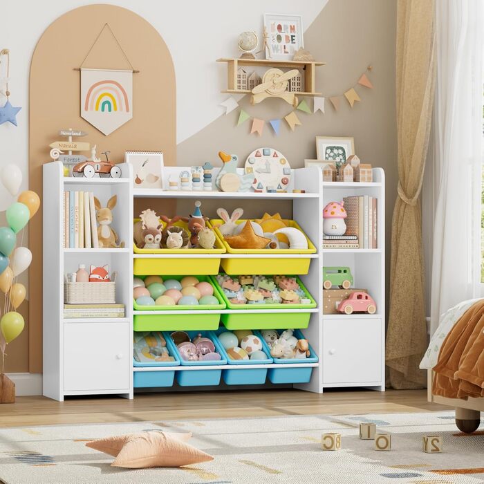FOREHILL Дитяча полиця з 8 ящиками, дитячий шафа, книжкова полиця для дітей, органайзер для іграшок, меблі для дитячої кімнати, 138,8 x 94,3 x 29,6 см, білий (білий з зеленим)