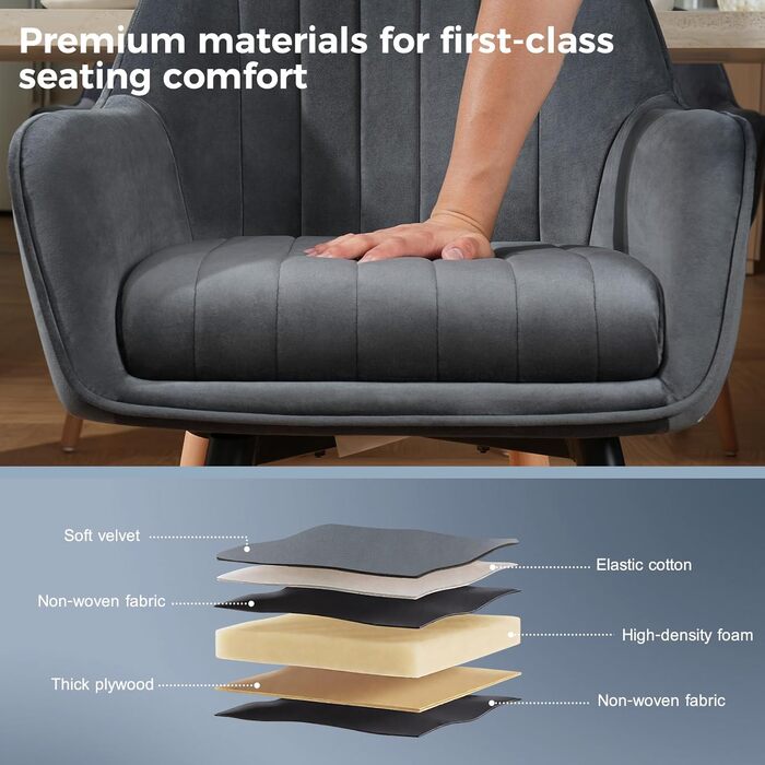 Крісла для їдальні ELUCHANG (2 шт), 360° обертання, товста подушка 10 см, високі підлокітники, сірий велюр, до 150 кг, для спальні, кухні, вітальні
