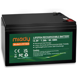 Акумулятор Miady 12V LiFePO4 із захистом BMS, 3000 циклів, не потребує обслуговування для сонячної системи, автофургонів, човнів, кемпінгу (7Ah)