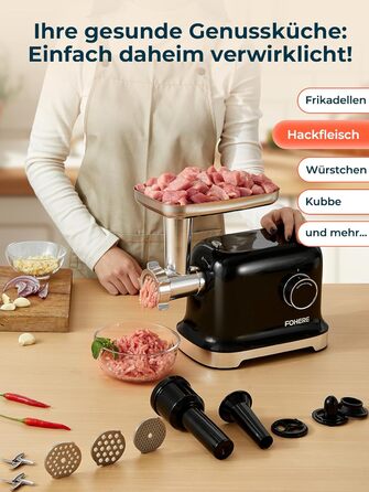М'ясорубка електрична Fohere 2000 Вт з насадками для ковбас та кубів, 3 диски (3/5/7 мм), чорна
