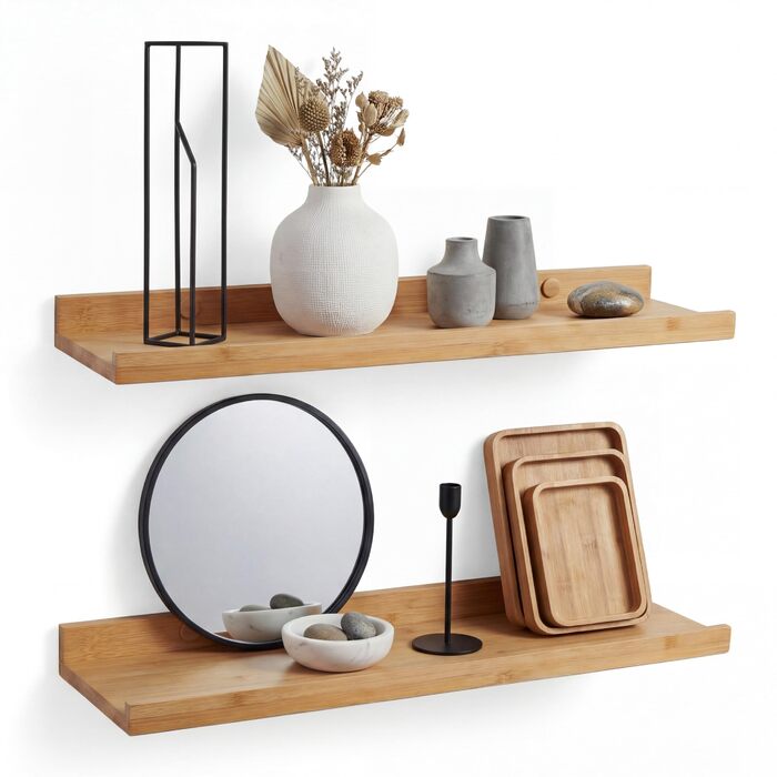 Camerado Набір з 2 бамбукових полиць-карнизів 60 см - настінне дерев'яне полиця з кріпленнями та заглушками