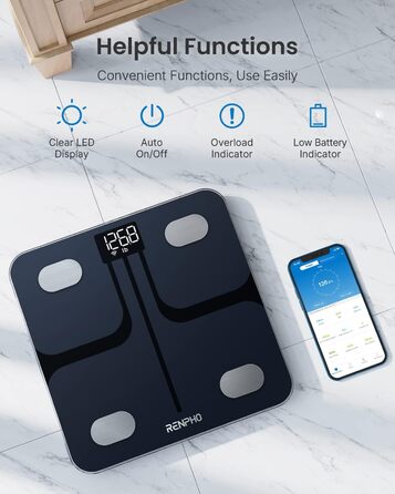 Цифрові ваги жиру в організмі RENPHO, розумні ваги для ванної кімнати з розумним зважуванням Bluetooth, ваги для ванної кімнати зі шкалою складу тіла, шкала ІМТ із додатком для фітнесу, технологія Step-On WiFi і режим Bluetooth 10,2/260 мм