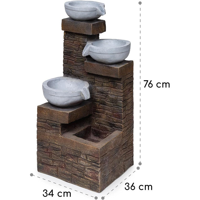 Сонячний фонтан Садовий фонтан Декоративний фонтан Декоративний фонтан, працює на сонячних батареях, світлодіодне освітлення, 34 x 76 x 36 см (ШxВxГ), матеріал полістоун, 3 каскадні ступені, для приміщень і зовні, коричневий