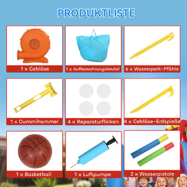 Надувний батут з гіркою, басейнчиком/бісером та водяною пістолетом, блакитний, 342x255x209 см