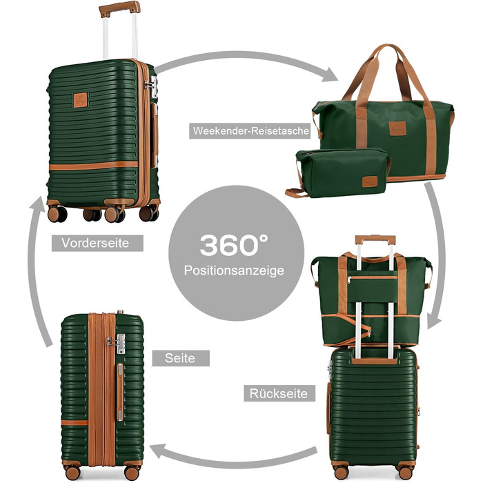 Набір валіз Joyway 6-ти частинний, з жорстким корпусом, beauty case, косметична сумка, 4 колеса, TSA-замок, для подорожей, коричневий/зелений