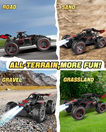 RC Автомобіль на радіокеруванні 2.4GHz, Monstertruck 15+ км/год зі світлодіодами, іграшка для хлопчиків, чорно-червоний (сірий/зелений)