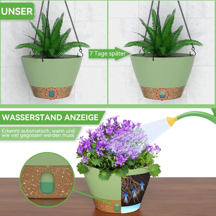 Пластиковий підвісний горщик для квітів ZMTECH 25 см з підставкою (2 шт., зелений)