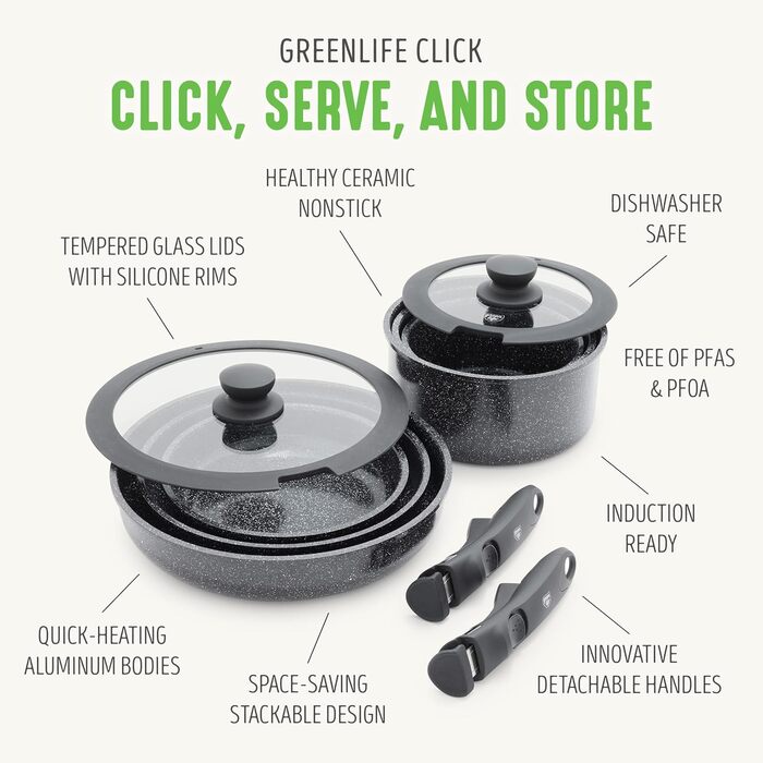 Набір посуду GreenLife 10 предметів з антипригарним покриттям, знімні ручки, складаний посуд, антитоксичні, без PFAS сковороди, індукційні каструлі та сковороди, економія місця, сервіровочні миски (Чорний Спренкле)