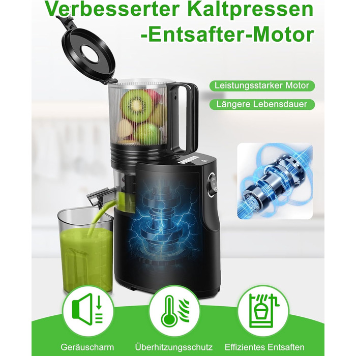 Електричний соковитискач для цілих овочів та фруктів, 130 мм, з широкою подачею, легкий у чищенні, чорний