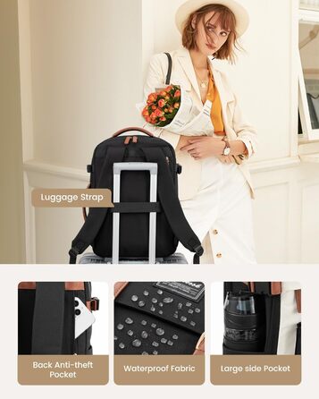 LOVEVOOK Рюкзак для ручної поклажі, жіночий рюкзак для подорожей, водонепроникний рюкзак для ноутбука 17 дюймів, шкільний рюкзак для жінок/студенток, чорний, коричневий (45x32x15 см)