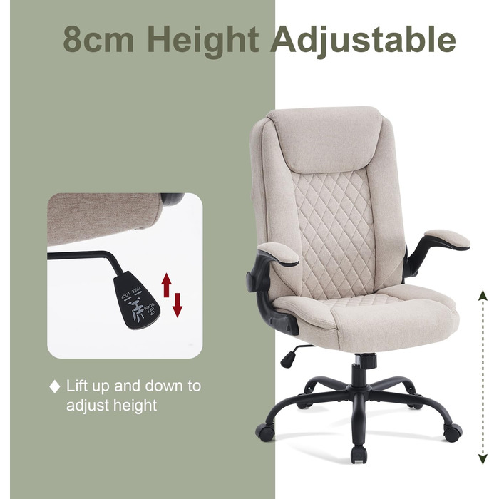 CASTLOVE Ергономічне крісло для офісу, комп'ютерне крісло, крісло для начальника з підйомними підлокітниками, висока спинка, функція гойдання, регульована висота, зручне, офісне крісло для дому, офісу, тканина, кремовий колір