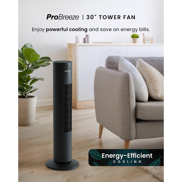 Осцилюючий турмовентилятор Pro Breeze 76,2 см, 60 Вт, з пультом, таймером 7,5 год, 3 режими, для дому та офісу, чорний