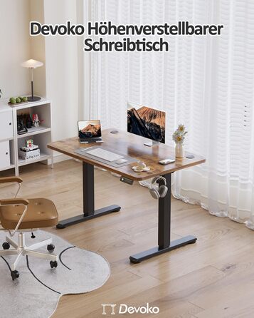 Електричний регульований стіл Devoko 120x60 см, стабільний офісний стіл, стіл для стоячи/сидячи, комп'ютерний стіл з функцією пам'яті, (Коричневий)