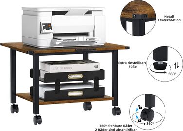 Стіл для принтера LELELINKY з роликами, мобільний двоярусний стійка для принтера, підставка для принтера з фіксуючими колесами, візок для принтера для офісу, факсу та дому, 52,5 x 40 x 36 см, Колір: Коричневий