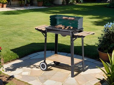 Гриль вугільний на коліщатках ARO, сталь/дерево, 2 решітки, 2 полиці, зелений