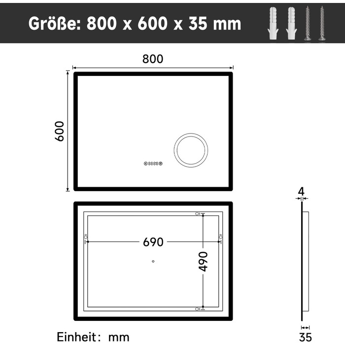 Дзеркало для ванної кімнати Badspiegel 80x60 см з підсвічуванням та антизапотіваючим покриттям LED, 3 колірні температури, IP44, для стін (Тип A)