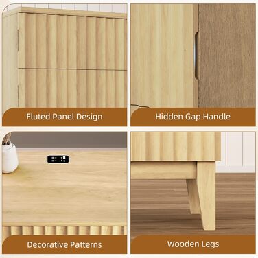 LED тумбочка Gurexl з зарядкою та 3 шухлядами, дерев'яна, з USB та Type-C, з датчиком руху, для спальні, вітальні, офісу, чорна