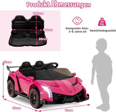 Електромобіль для дітей COSTWAY Lamborghini, рожевий, з пультом ДУ, LED-фарами, клаксоном і музикою, швидкість 3-6 км/год, дитяча машина від 3 років
