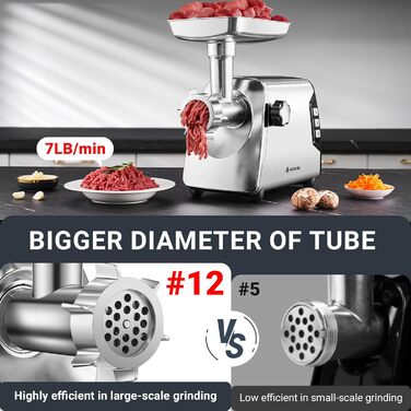 М'ясорубка електрична AAOBOSI #12 (3000 Вт, 3 швидкості) - професійна, з насадками для ковбас, кібе, бургера, 4 диски, 2 ножі, срібляста