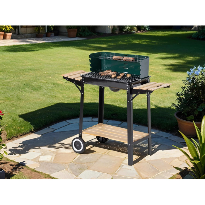 Гриль вугільний на коліщатках ARO, сталь/дерево, 2 решітки, 2 полиці, зелений