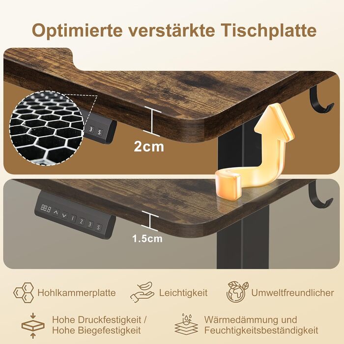 Регульований кутовий стіл 160x140 см з полицею, електропривод, коричневий