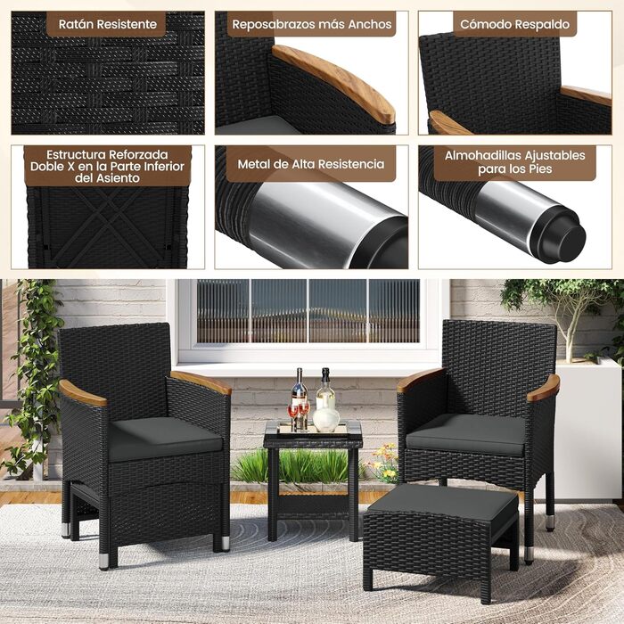 Садовий набір меблів Yaheetech з ротангу для балкона та тераси 5 предметів: 2 крісла, 2 пуфи, столик (чорний/сірий)